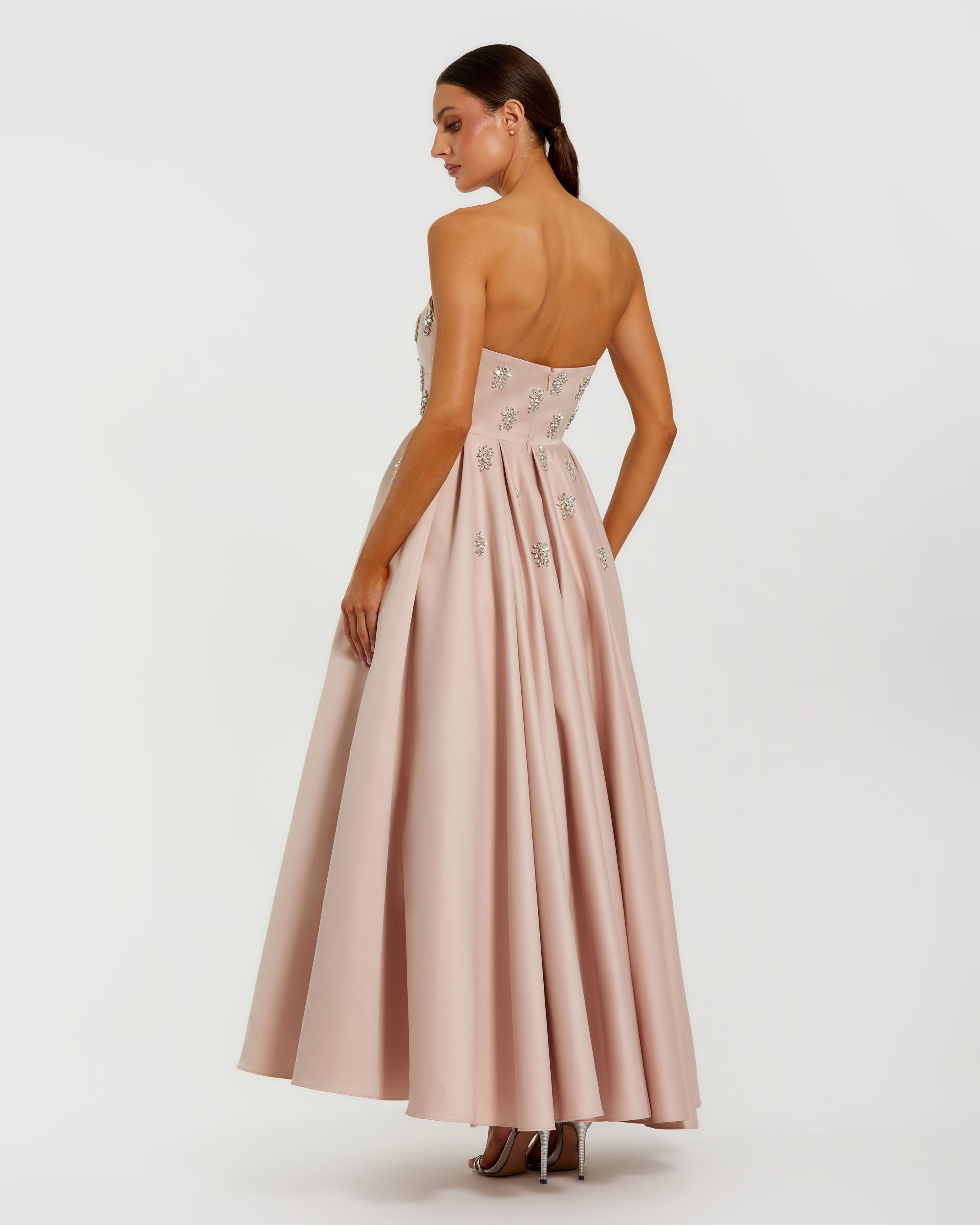 Pink Crystal Embellished Strapless Satin A-Line Dress