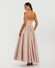 Pink Crystal Embellished Strapless Satin A-Line Dress