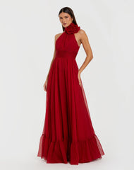 ﻿Red Halter Neck Chiffon Gown with 3D Flower