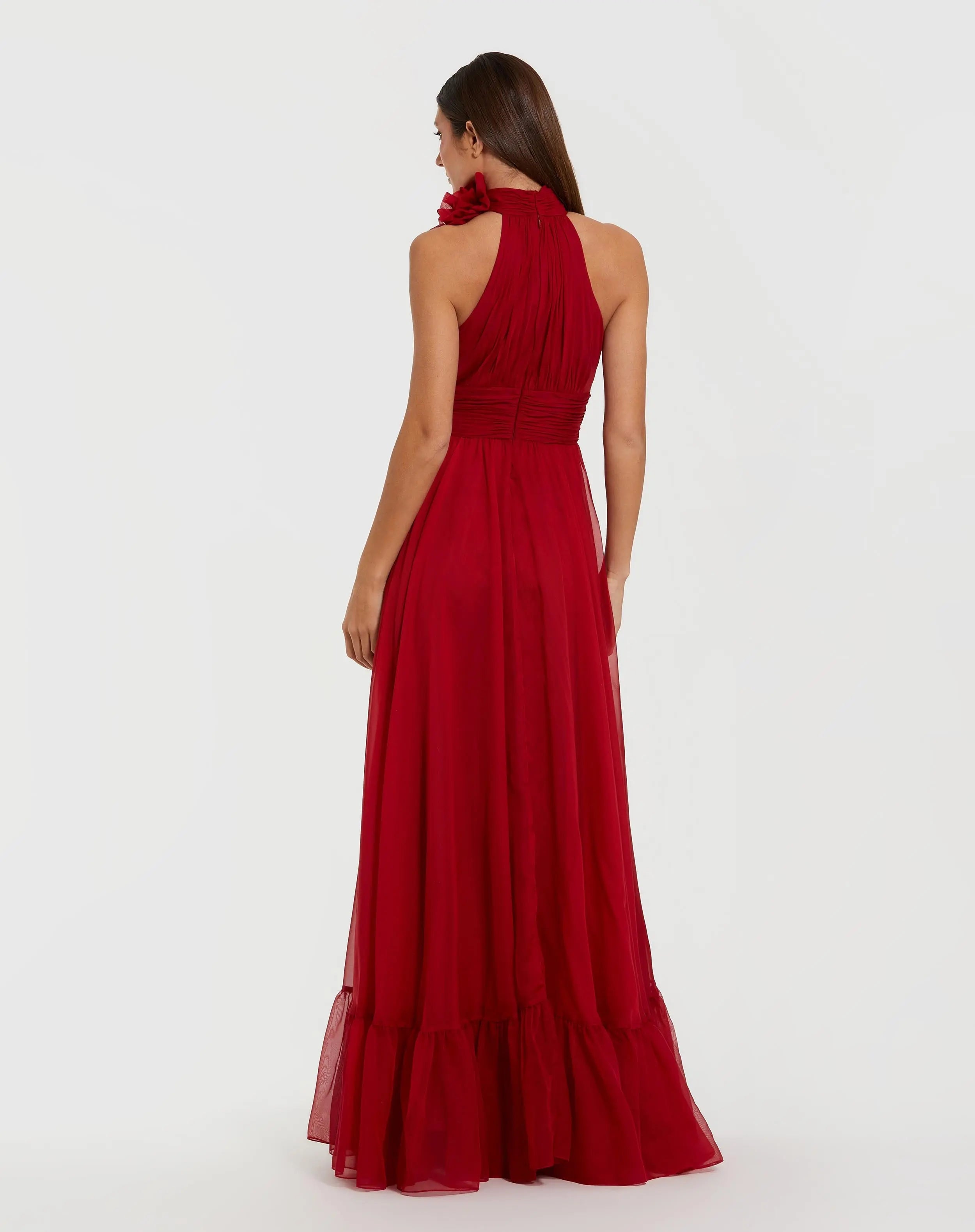 ﻿Red Halter Neck Chiffon Gown with 3D Flower