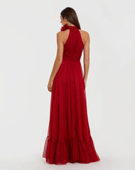 ﻿Red Halter Neck Chiffon Gown with 3D Flower