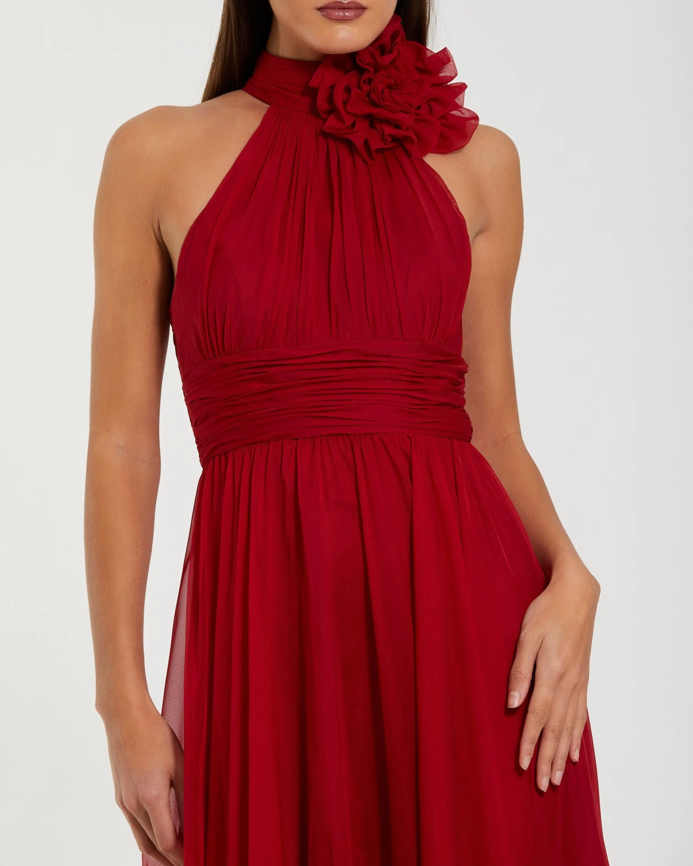﻿Red Halter Neck Chiffon Gown with 3D Flower