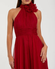 ﻿Red Halter Neck Chiffon Gown with 3D Flower