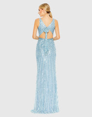 Blue Sequined Faux Wrap Sleeveless Gown