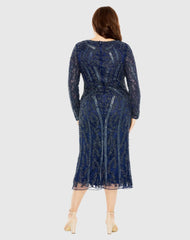 Navy Long Sleeve Embellished Dress