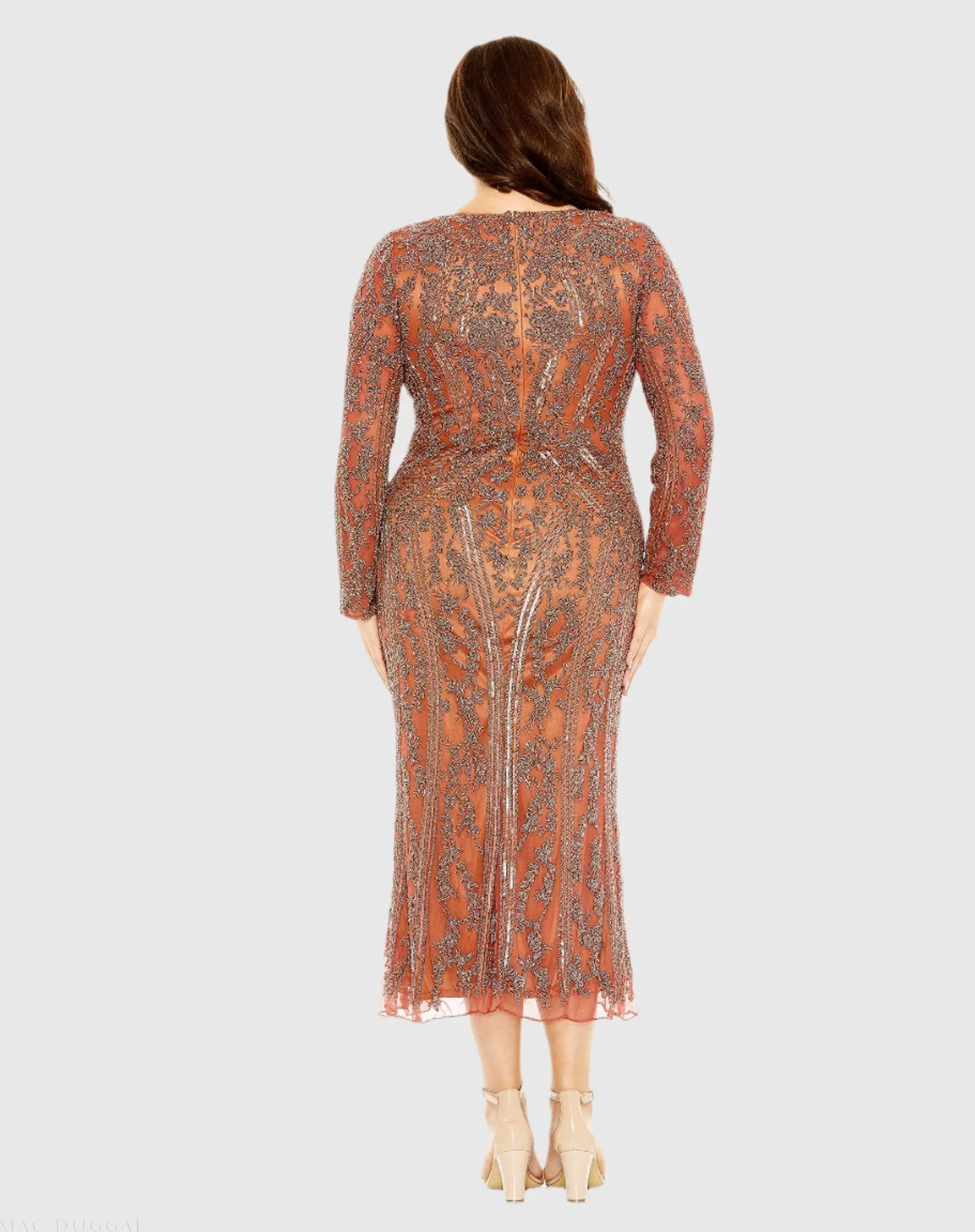 Orange Long Sleeve Embellished Dress