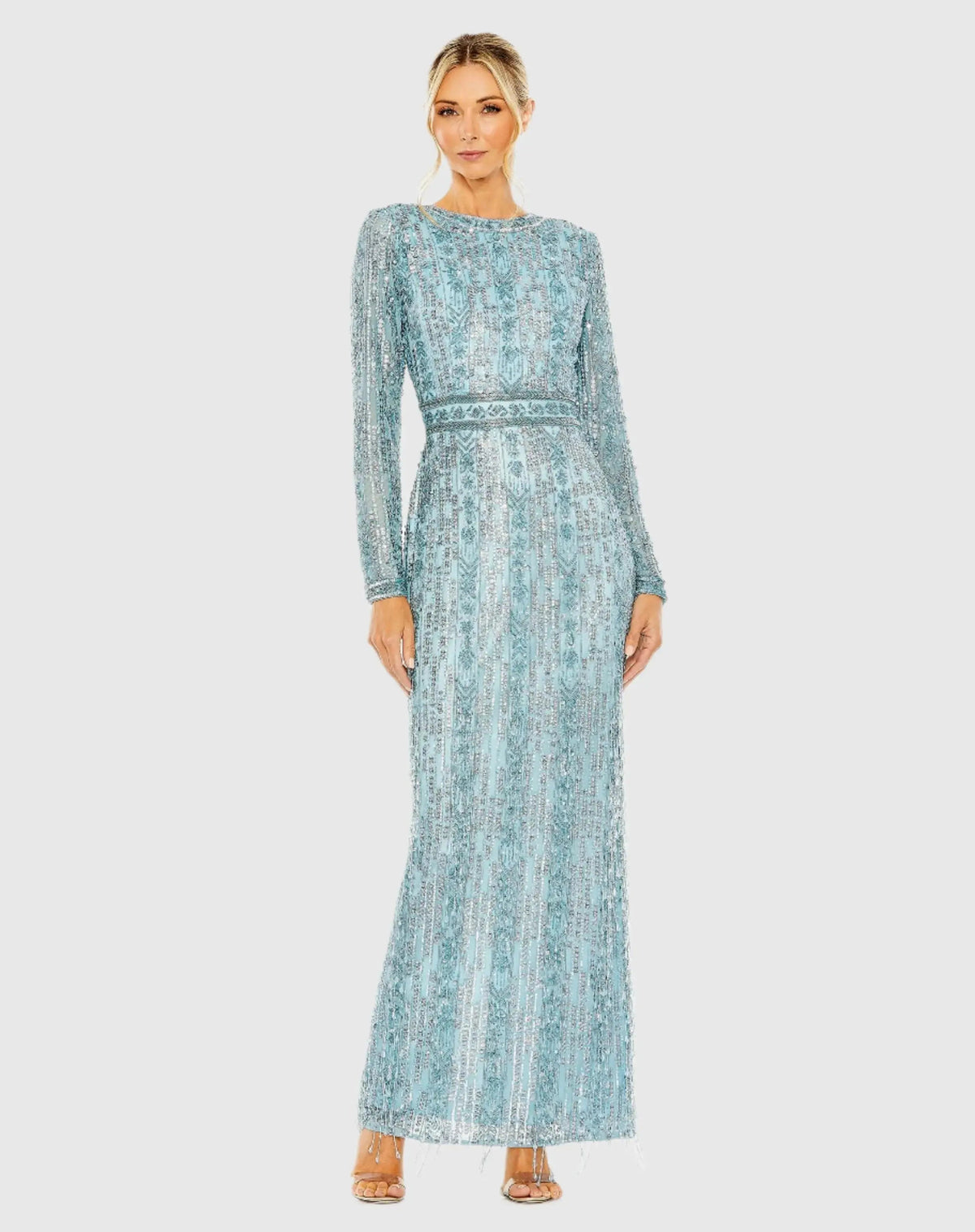 Long Sleeve Beaded Gown with Crystal Fringe