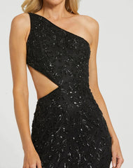 Black One Shoulder Embellished Gown With Slit