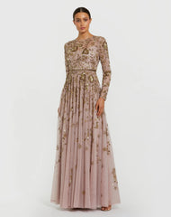 Light Pink Long Sleeve Hand Embellished Floral A-line Gown