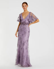 Purple Embellished Flutter Sleeve Evening Gown
