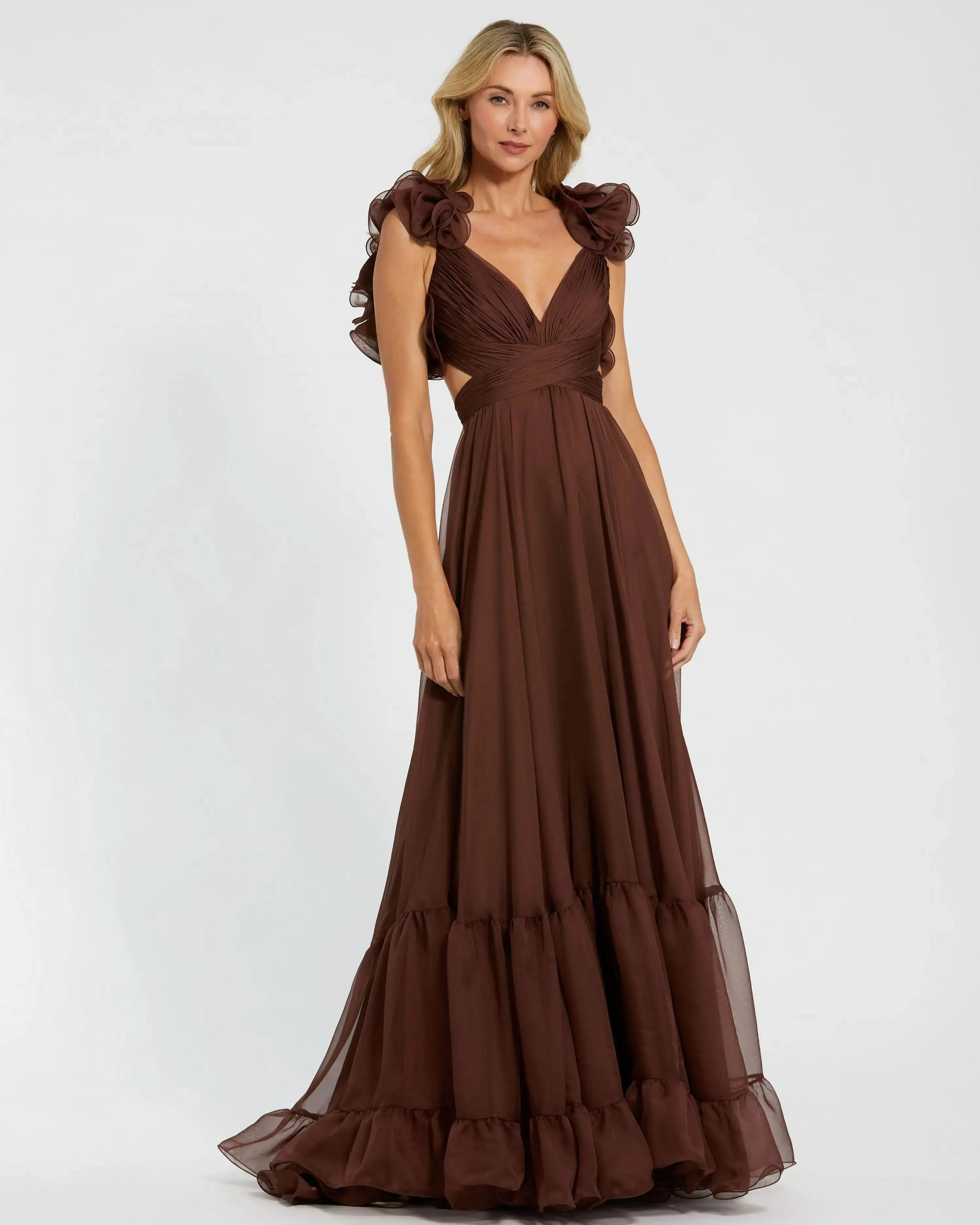 Ruffle Tiered Cut-Out Chiffon Gown