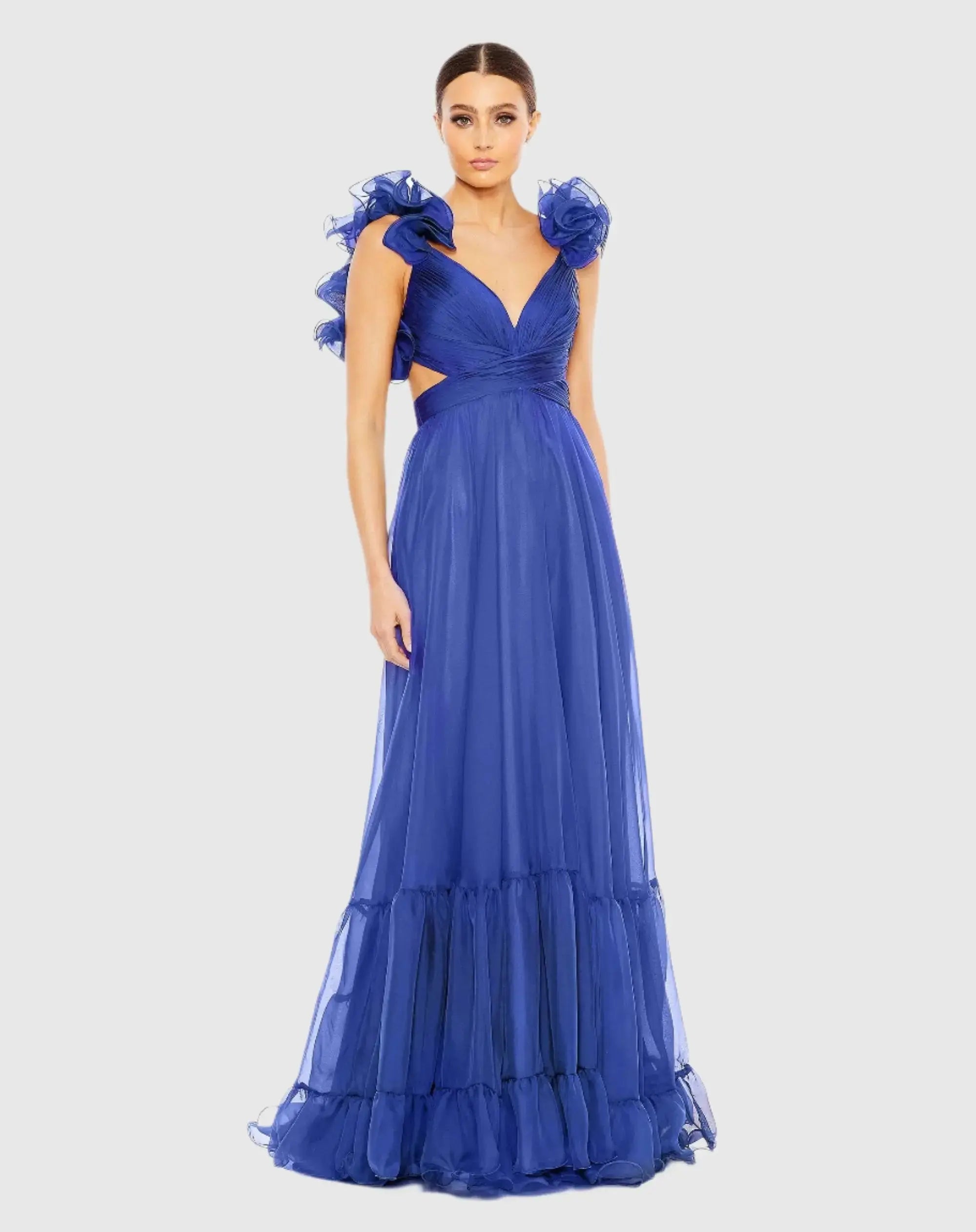 Ruffle Tiered Cut-Out Chiffon Gown
