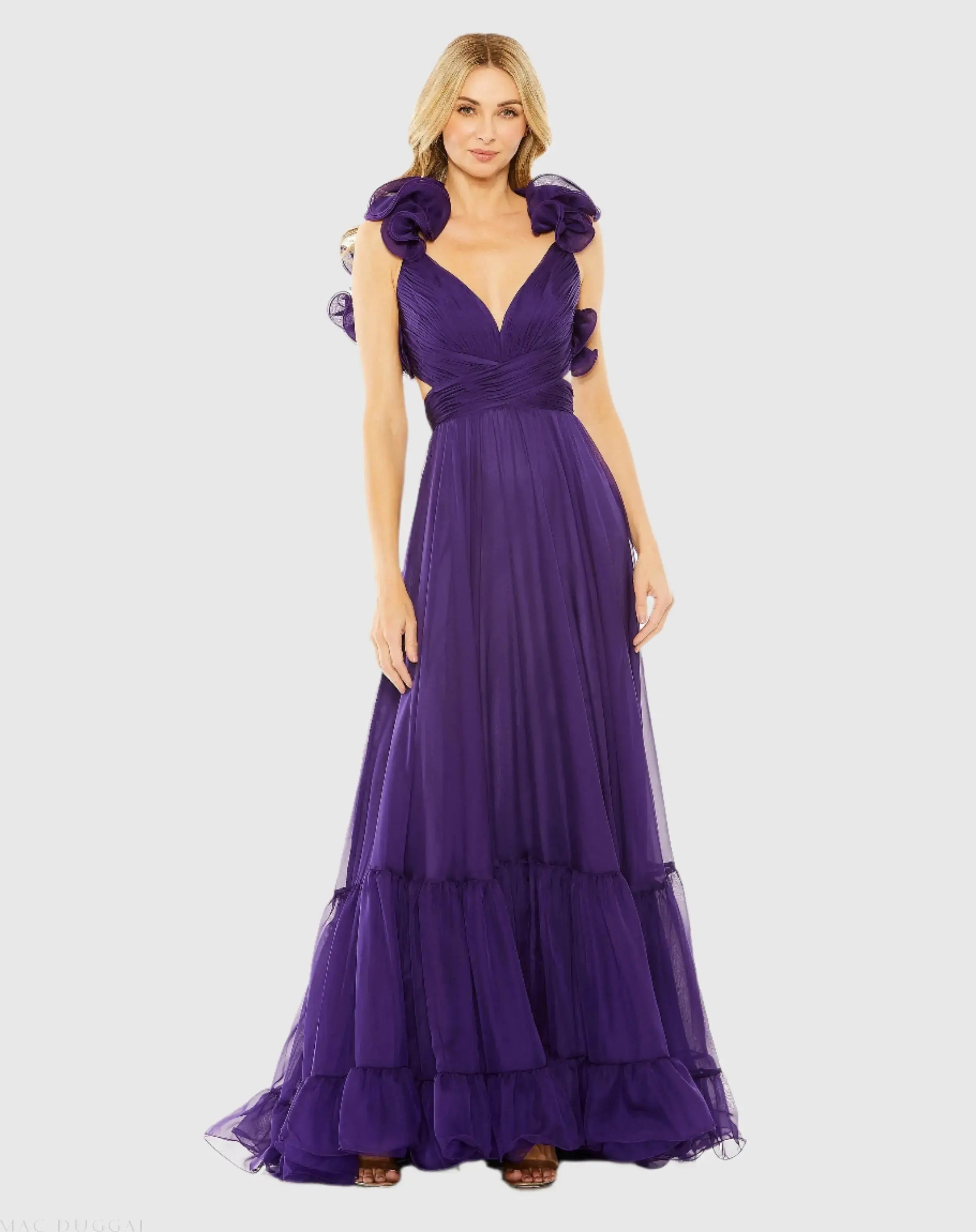 Ruffle Tiered Cut-Out Chiffon Gown