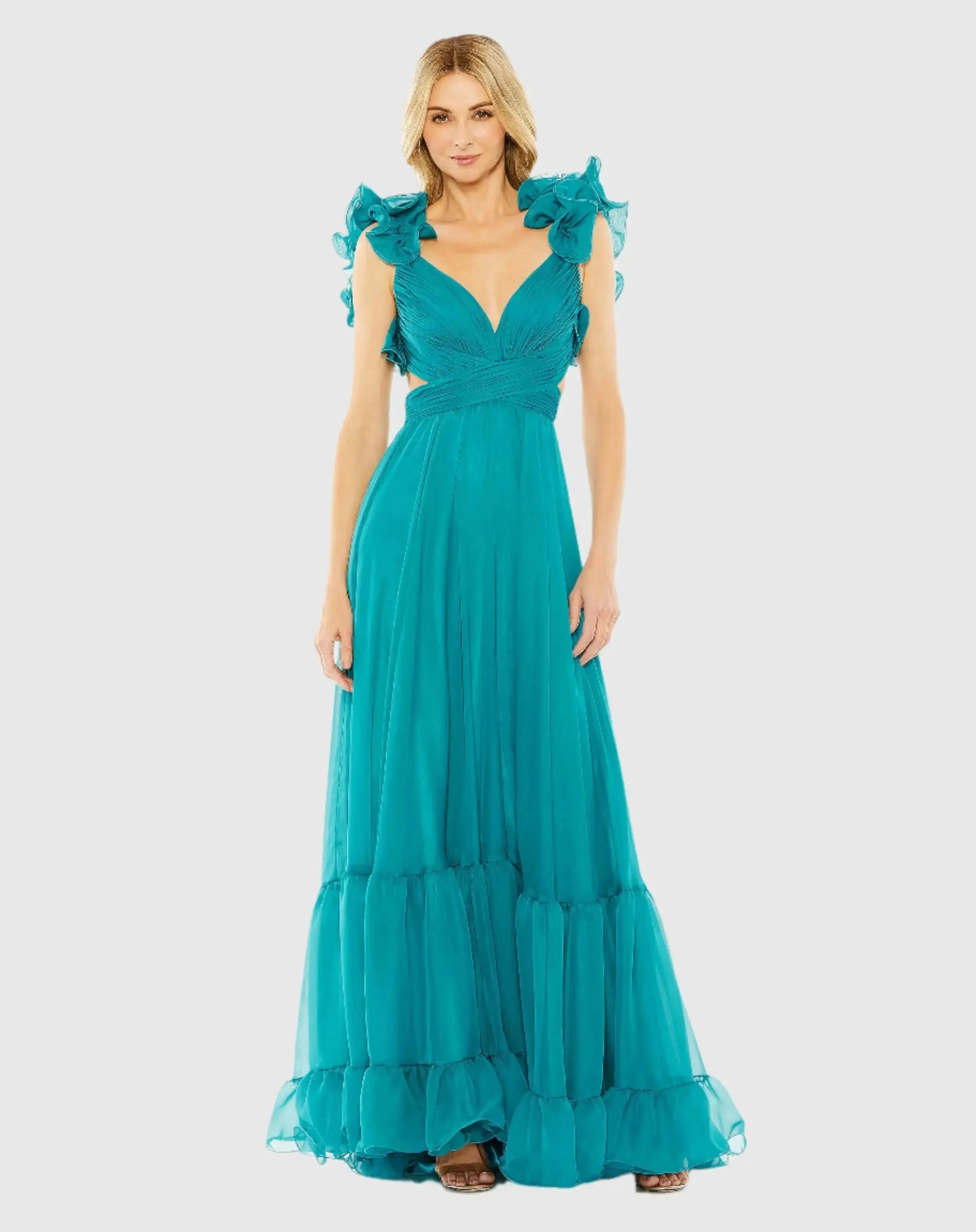 Ruffle Tiered Cut-Out Chiffon Gown