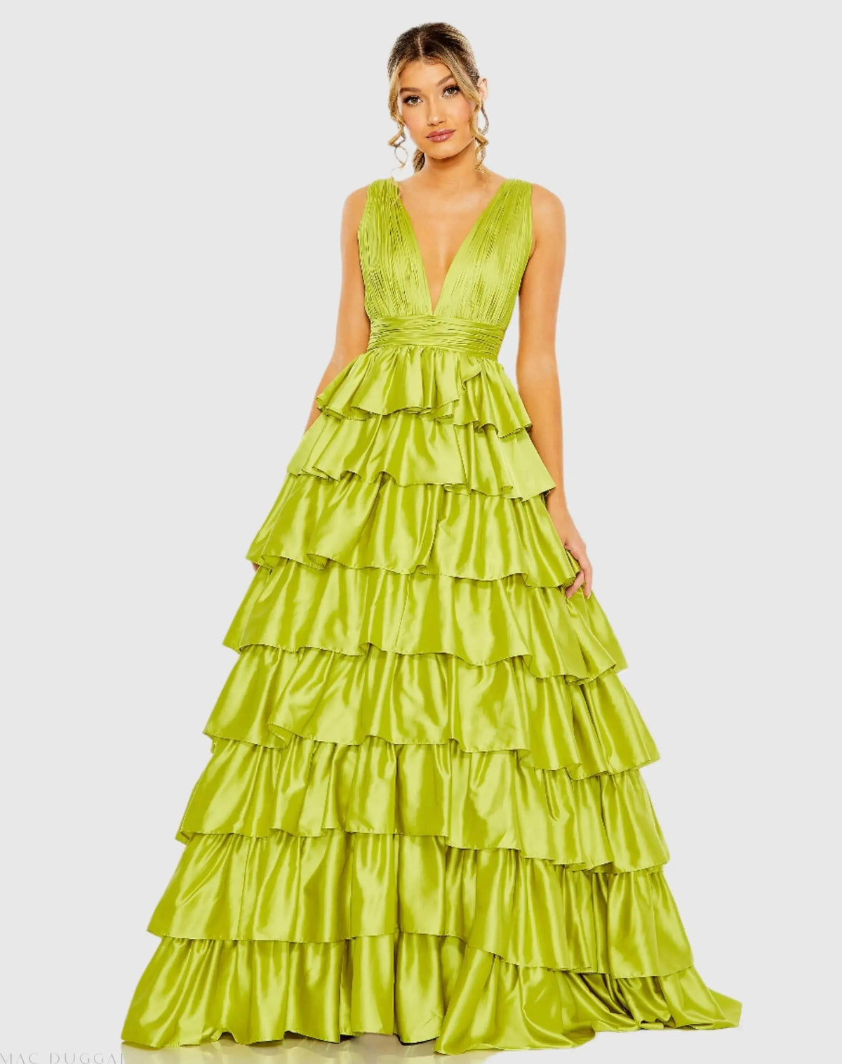 Ruffle Tiered Pleated Sleeveless V Neck Gown