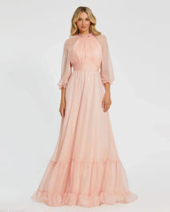 Chiffon Ruched Illusion Raglan Sleeve Ruffled Gown