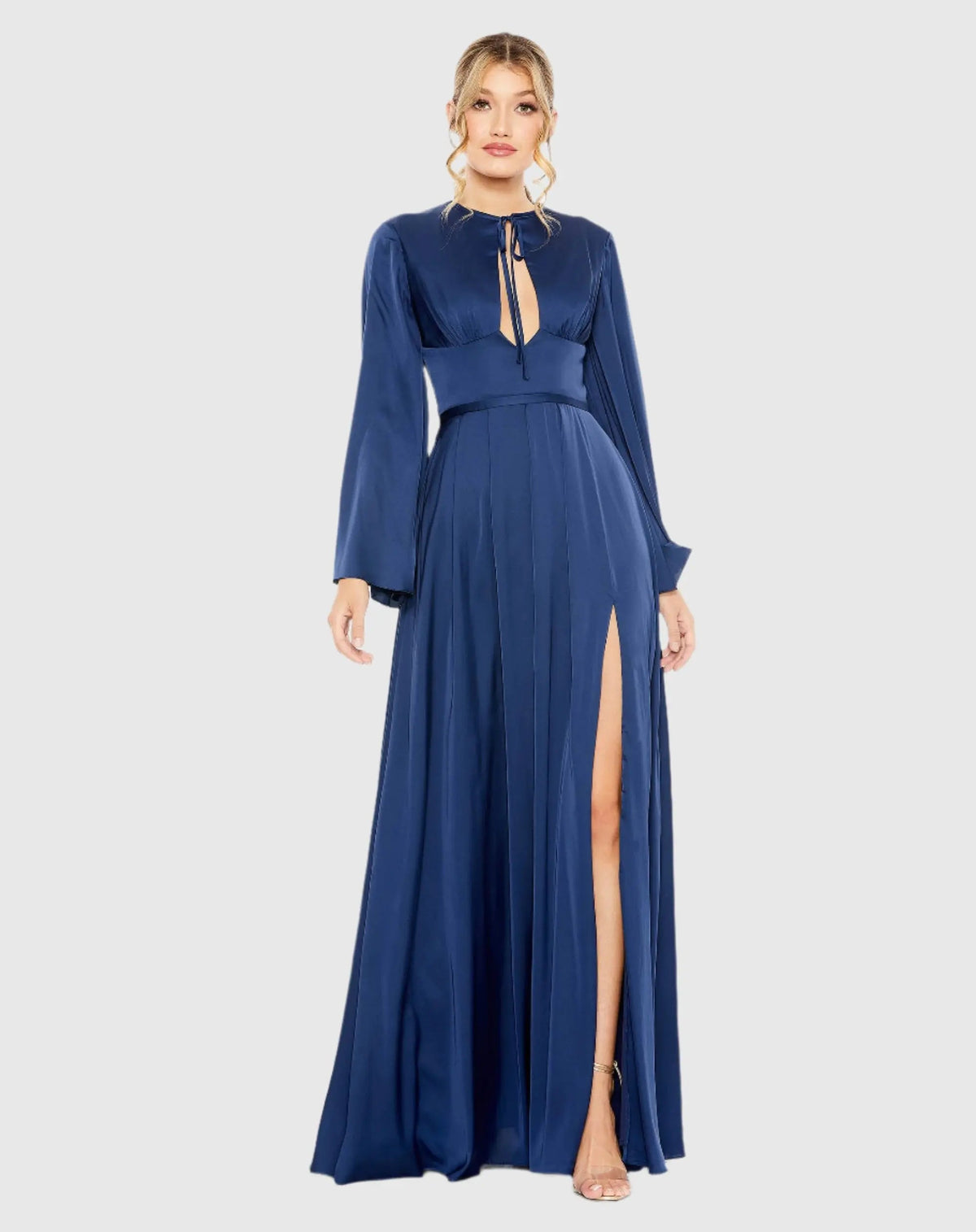 Navy Charmeuse Soft Tie Keyhole Bell Sleeve Gown