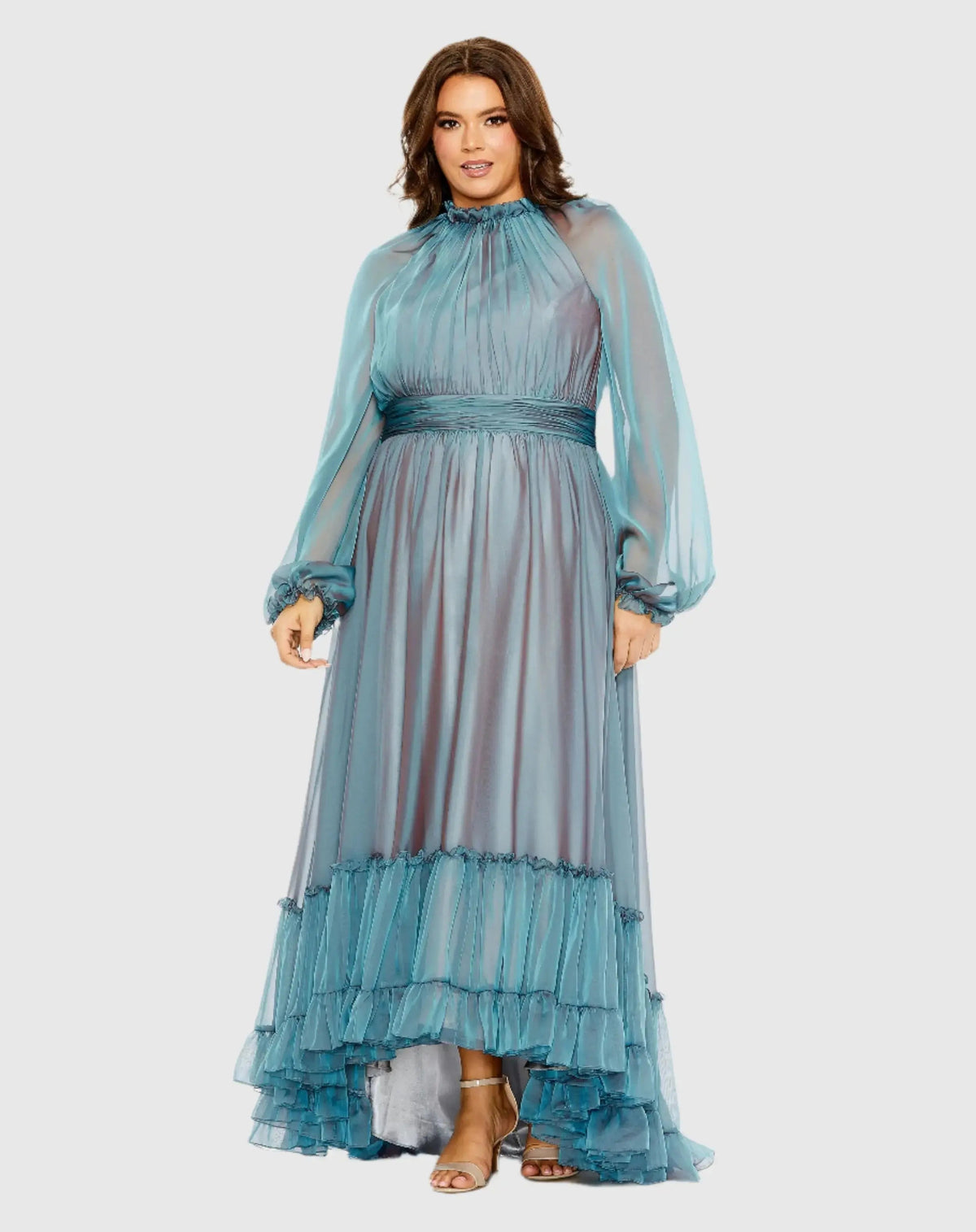 Blue Puff Sleeve w/ Embellished Cuff Mock Neck A Line Gown