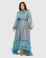 Blue Puff Sleeve w/ Embellished Cuff Mock Neck A Line Gown