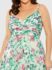 Green Floral Printed Tiered Ruched Gown