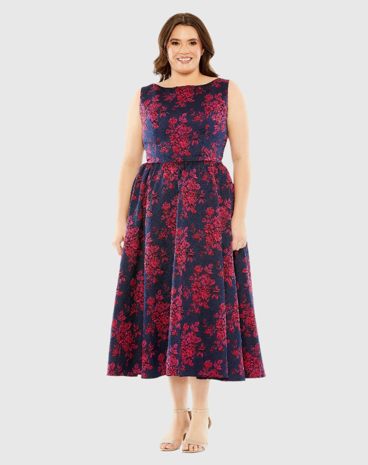 Navy Sleeveless Floral Embroidered Dress