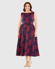 Navy Sleeveless Floral Embroidered Dress
