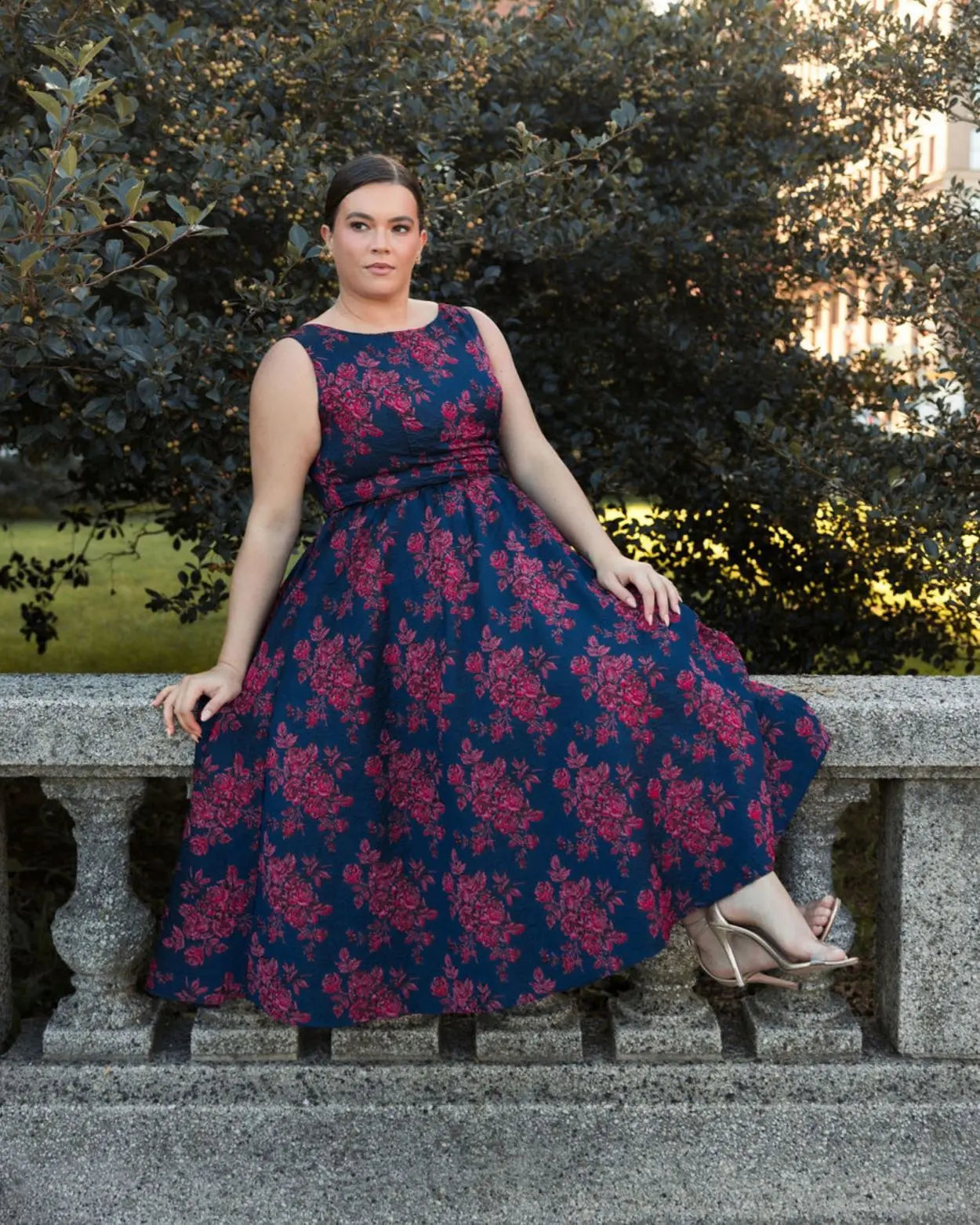 Navy Sleeveless Floral Embroidered Dress