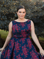 Navy Sleeveless Floral Embroidered Dress