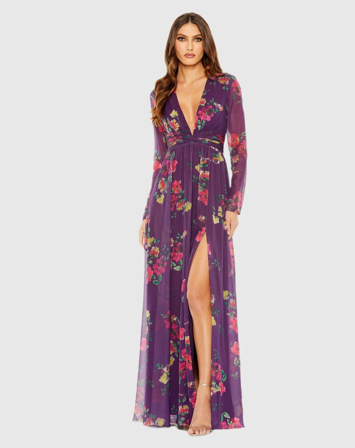 Purple Long Sleeve Ruched Top Deep V-Neckline Gown