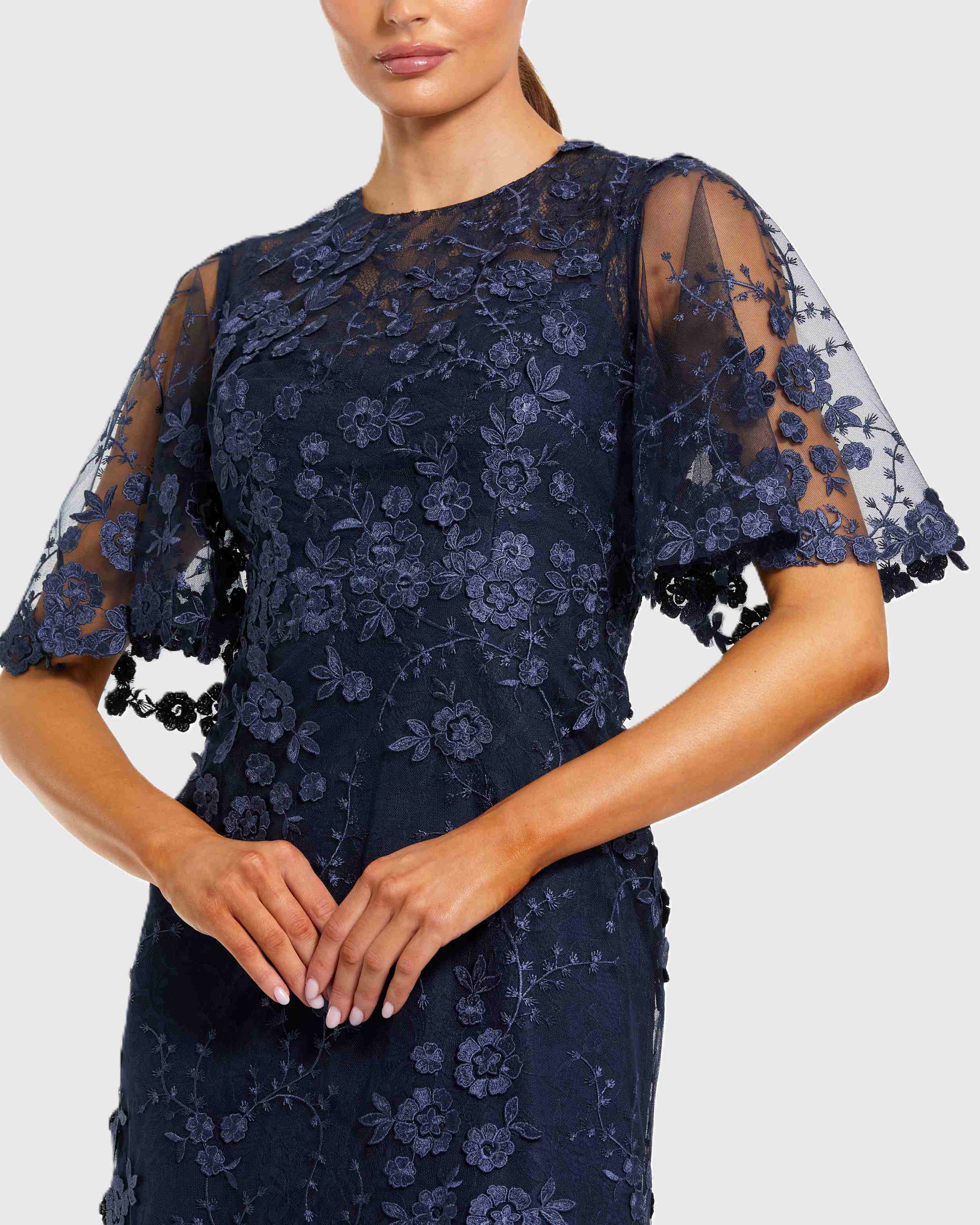 Navy Flutter Sleeve Floral Embroidered Net Gown