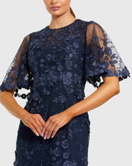Navy Flutter Sleeve Floral Embroidered Net Gown