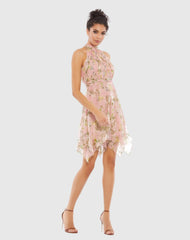 Pink Pleated Halter Neck Floral Dress
