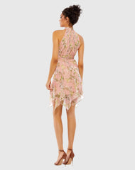 Pink Pleated Halter Neck Floral Dress