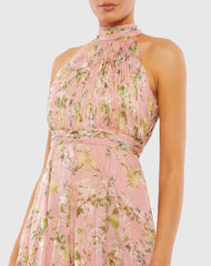 Pink Pleated Halter Neck Floral Dress