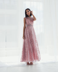 Embroidered Cap Sleeve A Line Gown