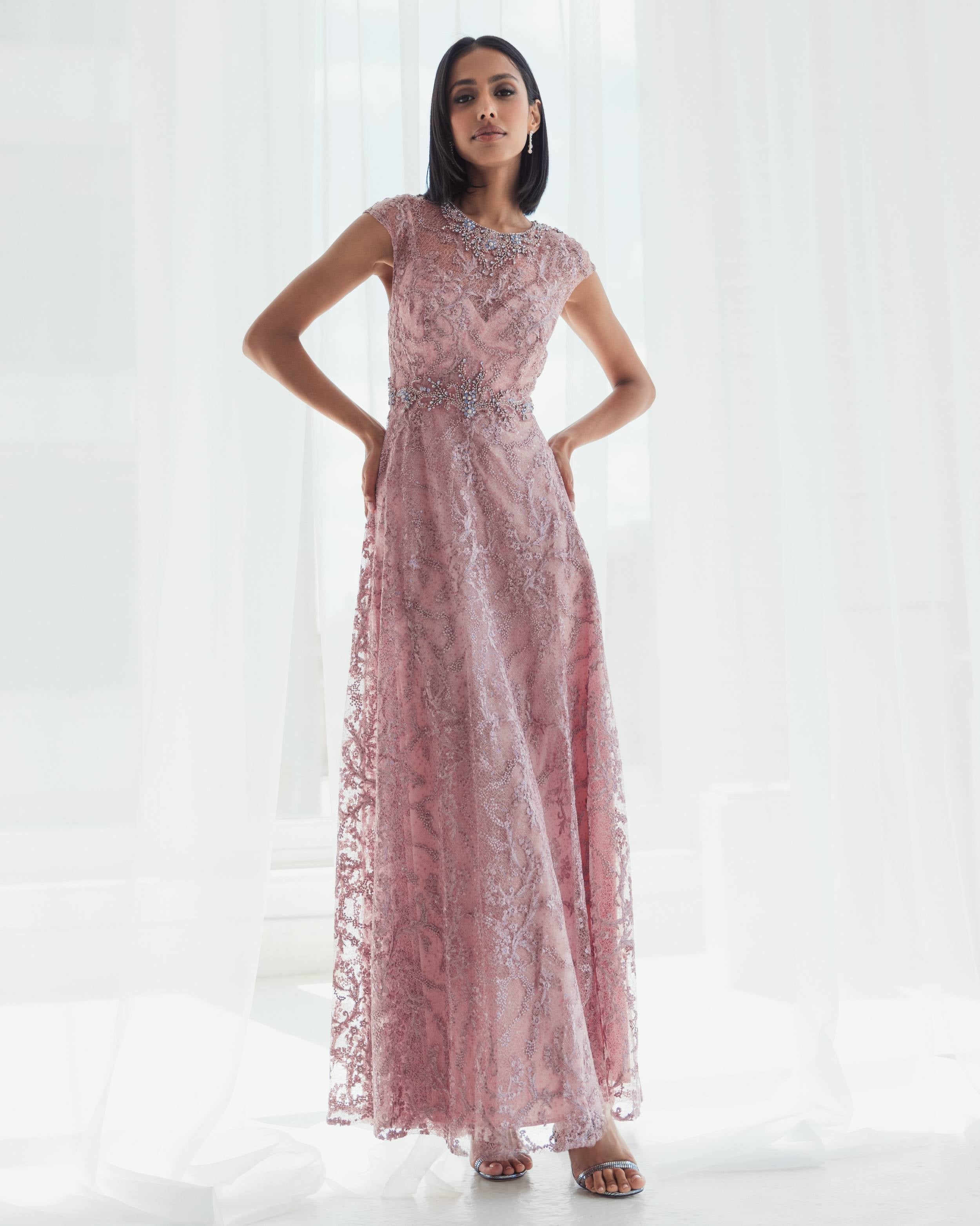 Pink Embroidered Cap Sleeve A Line Gown
