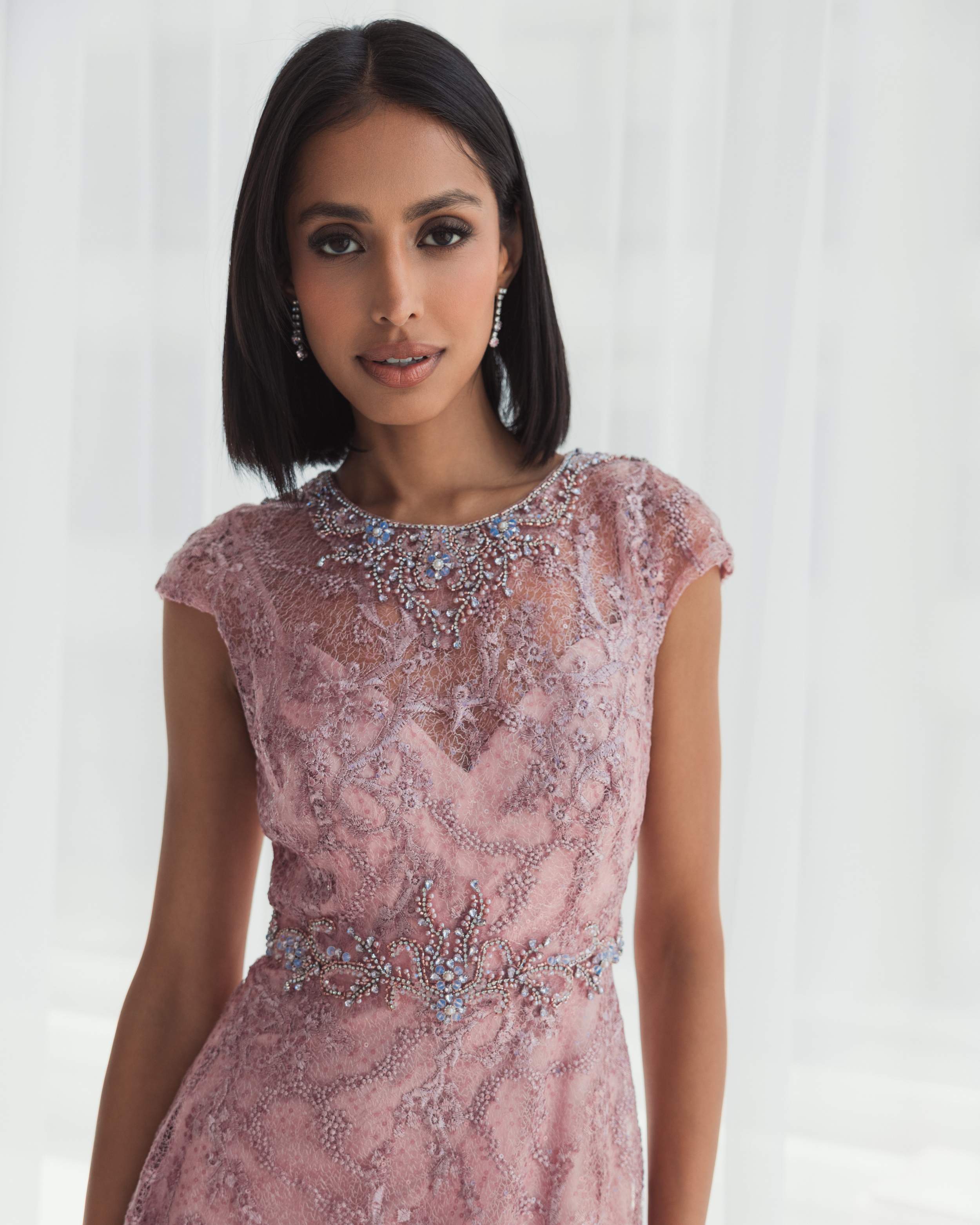 Pink Embroidered Cap Sleeve A Line Gown