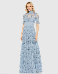 Embroidered Floral Tiered Smock Neck Gown
