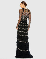 Black Mesh Polka Dot Long Sleeve Floral Ruffle Tired Gown