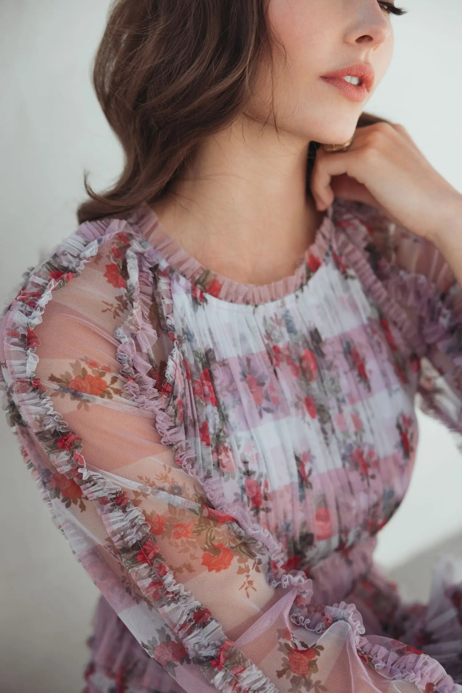 Purple Long Sleeve Floral Ruffle Mini Dress