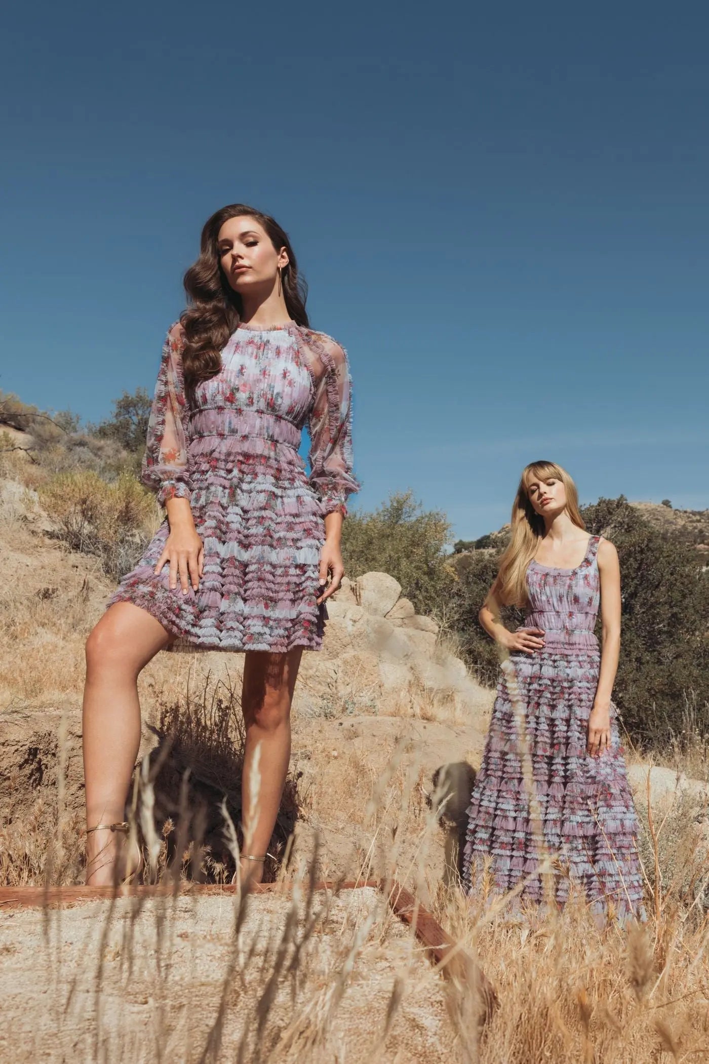 Purple Long Sleeve Floral Ruffle Mini Dress