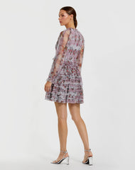 Purple Long Sleeve Floral Ruffle Mini Dress
