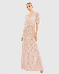 Embellished Cap Sleeve Faux Wrap Trumpet Gown