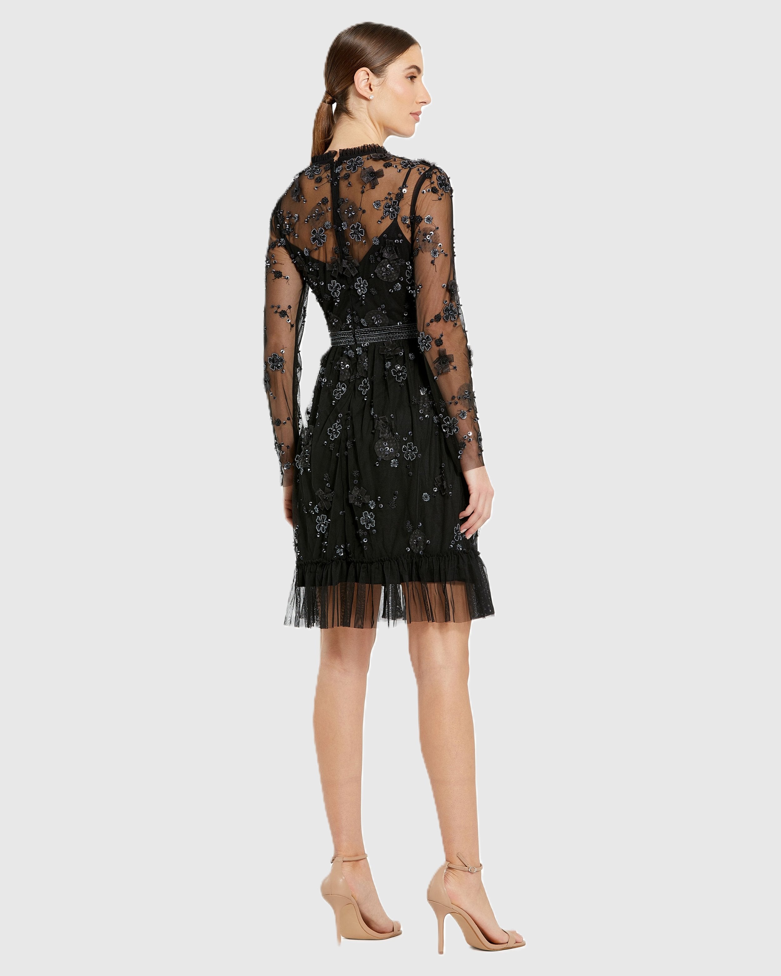 Black Sheer Long Sleeve Embellished Mini Dress