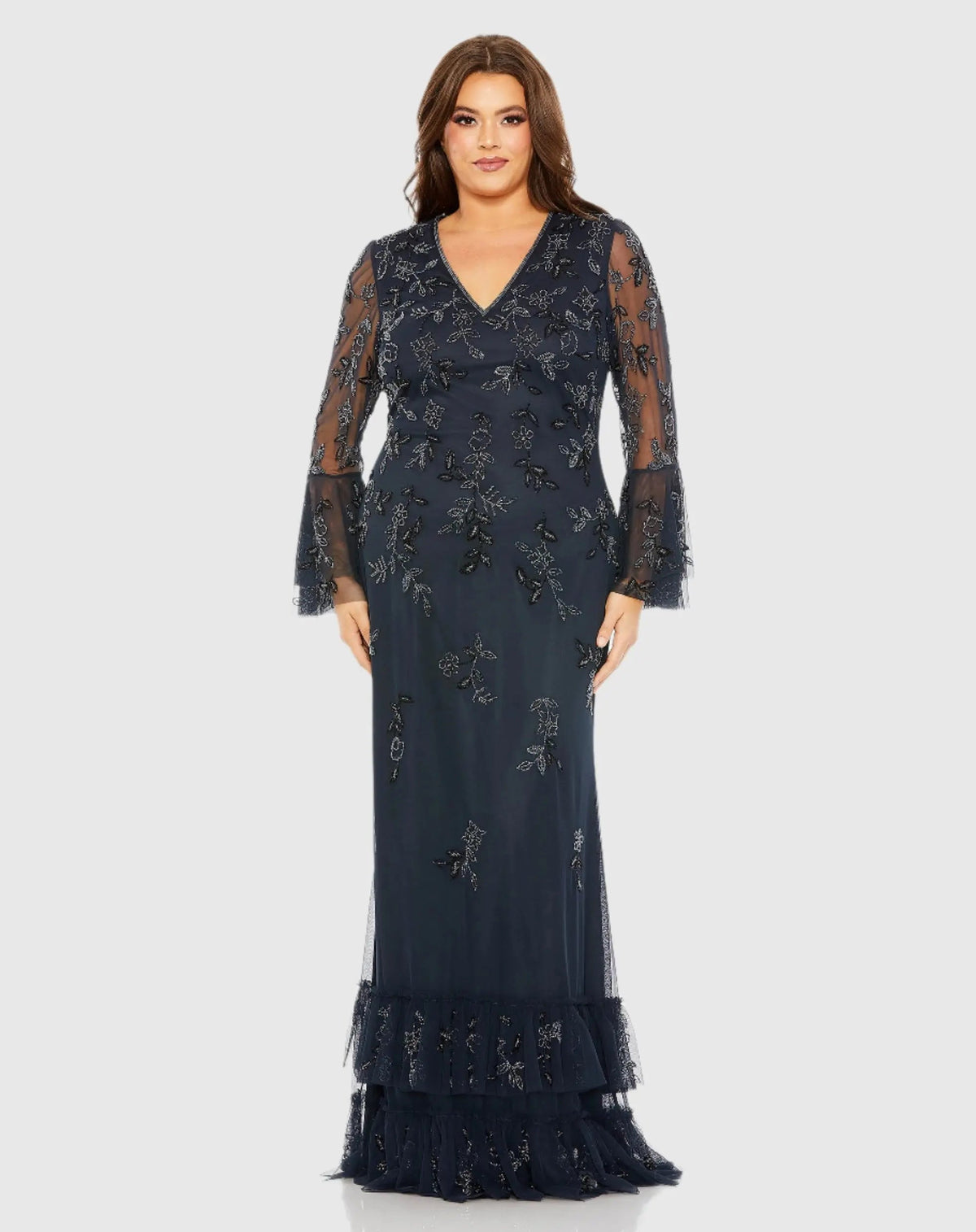 Navy V-neck Embellished Long Sleeve Gown