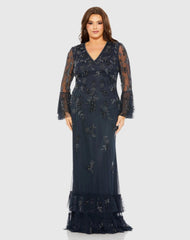 Navy V-neck Embellished Long Sleeve Gown