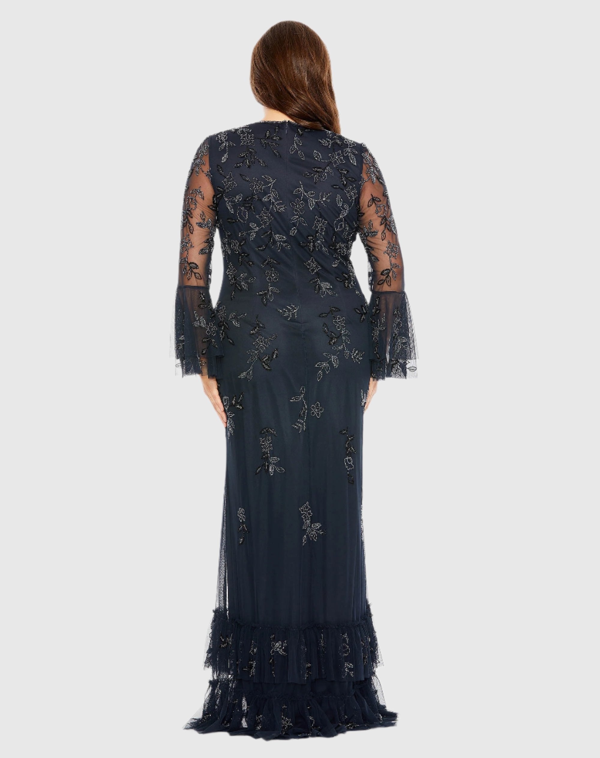 Navy V-neck Embellished Long Sleeve Gown