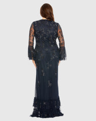 Navy V-neck Embellished Long Sleeve Gown