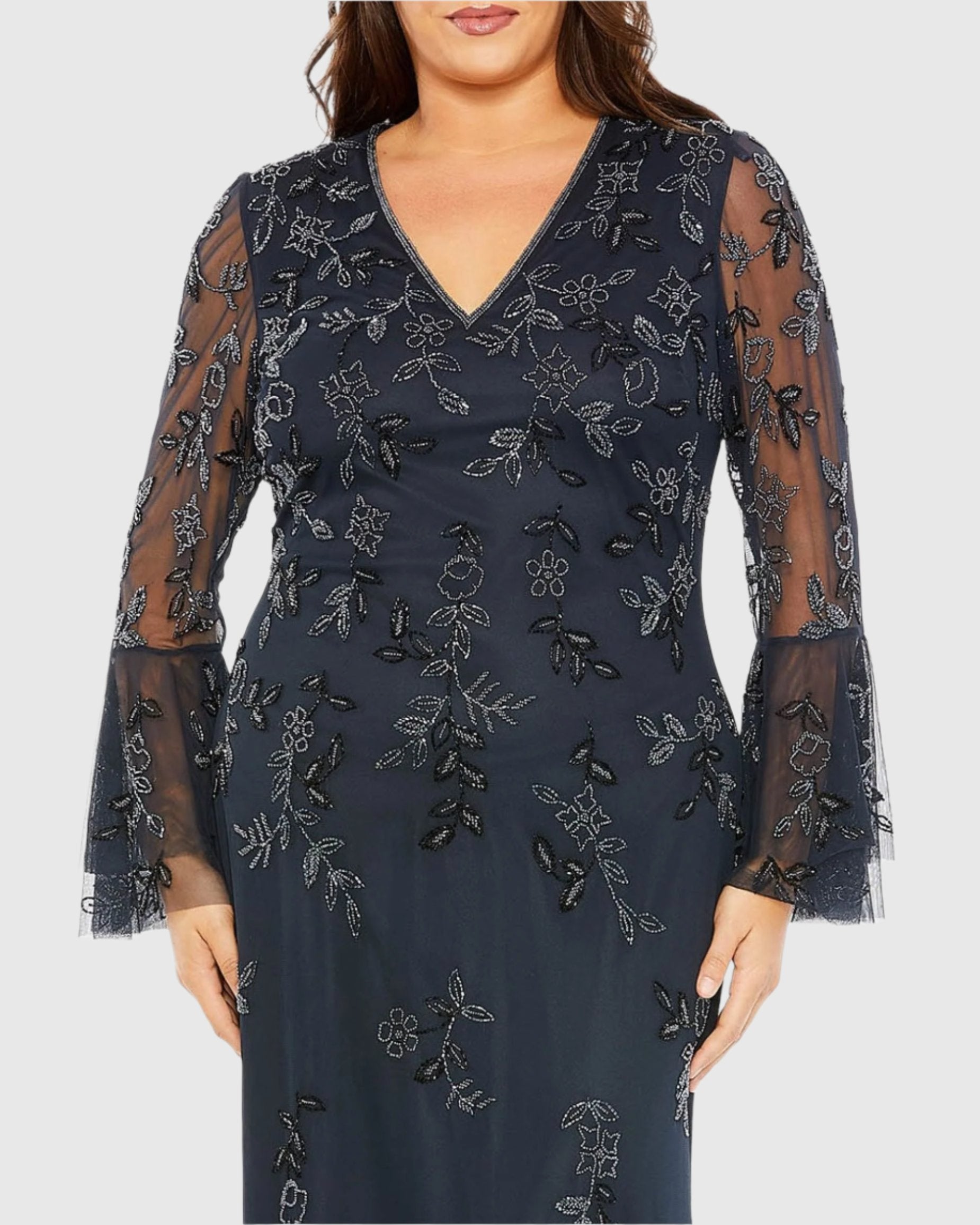 Navy V-neck Embellished Long Sleeve Gown