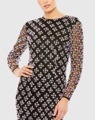 Black Long Sleeve Hand Beaded Crystal Rhinestone Gown